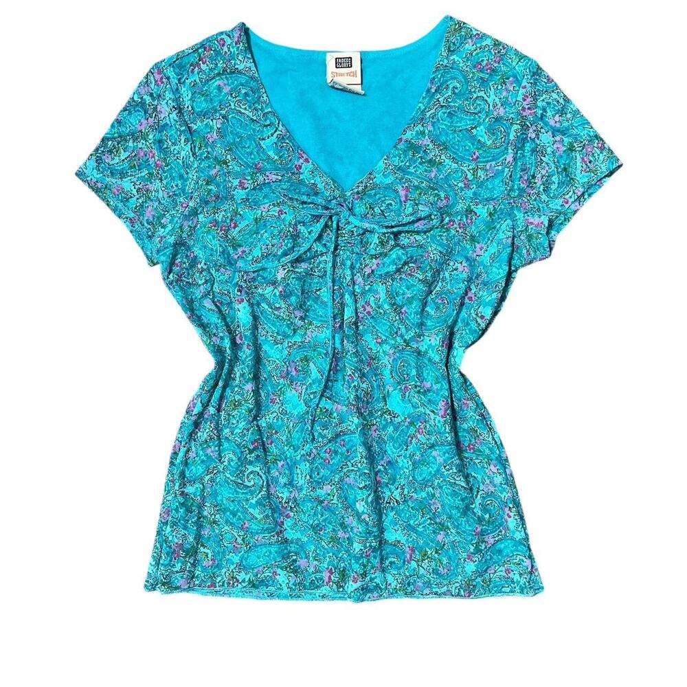 VTG Y2K Faded Glory Bright Turquoise Blue & Pink Paisley Lace Short Sleeve Top S